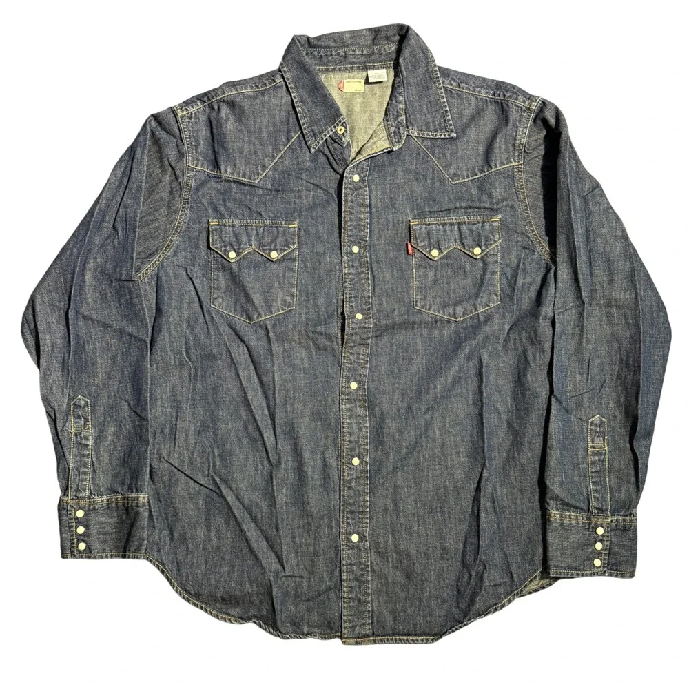 Levis Mens XL Blue Denim Western Long Sleeve Pearl Snap Shirt Medium Wash Cotton